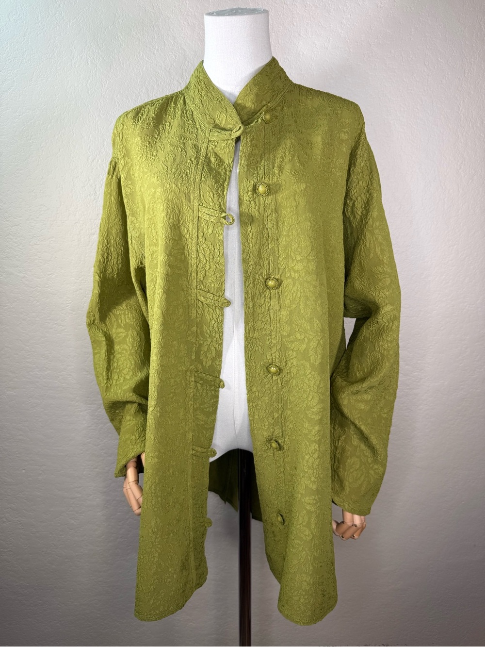 URU Textured 100% Silk Floral Button Shirt Lagenlook Kimono USA Made Blouse XL